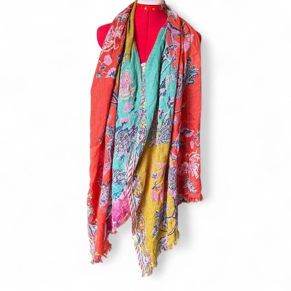Petanu by Pashma Silk Blend Floral Paisley Scarf Red Teal Yellow Boho Fringe